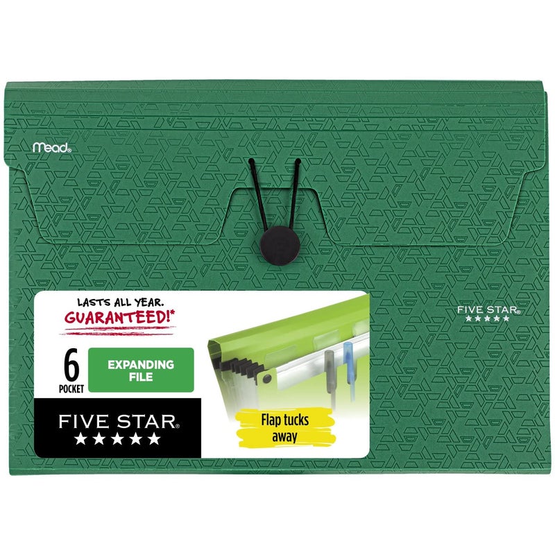 Five Star 6 Pocket Expanding File Organizer, Plastic Expandable File Folders with Pockets and Tab Inserts, Holds 11" x 8-1/2", Bungee Closure, Forest Green (72925) - Image 1